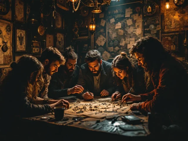 Een diverse groep mensen werkt samen aan puzzels in een mysterieus escape room, omgeven door antieke kaarten en symbolen.