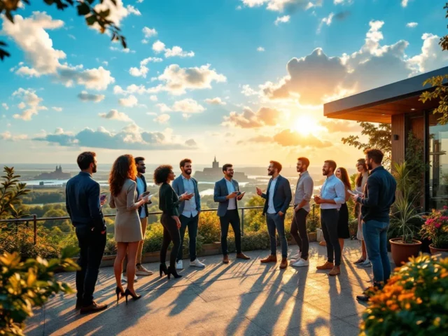 Professionals op terras in levendige discussie, met groene achtergrond en fort in de verte. Zonlicht creëert een inspirerende sfeer.
