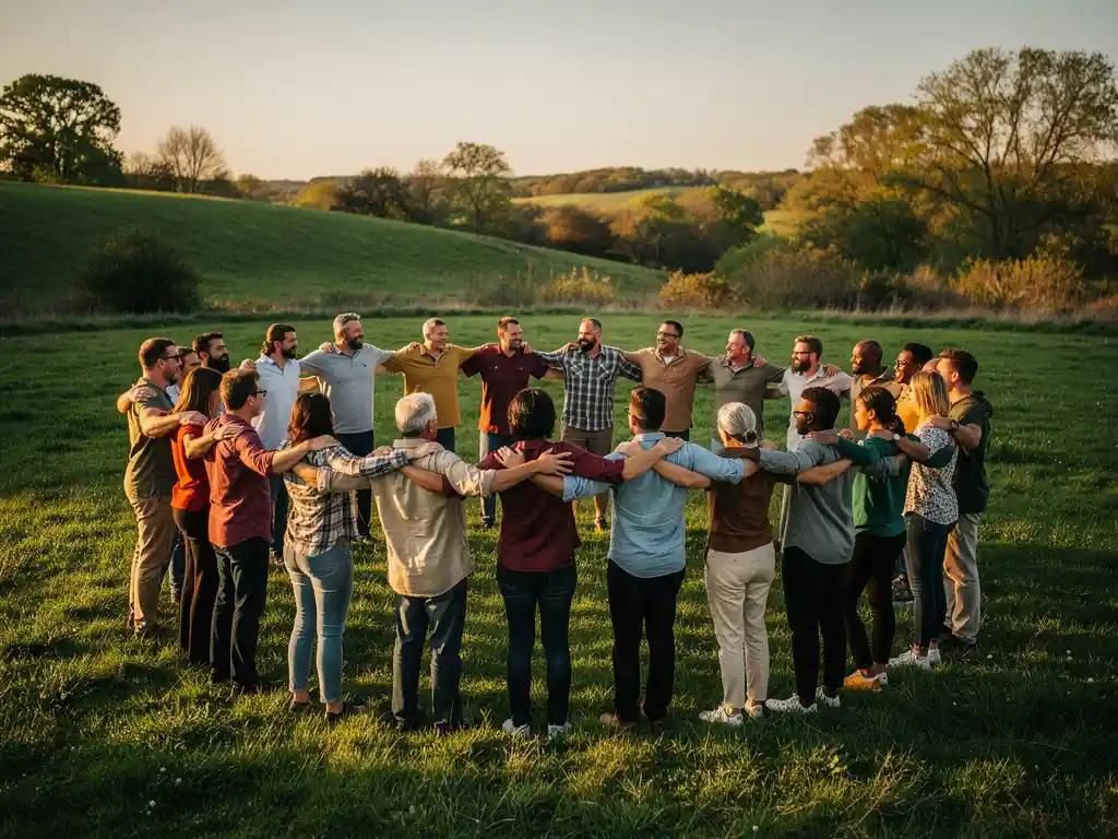 Diverse groep van twintig mensen vormt menselijke ketting op grasveld, armen gelinkt in gesprek tijdens gouden uur