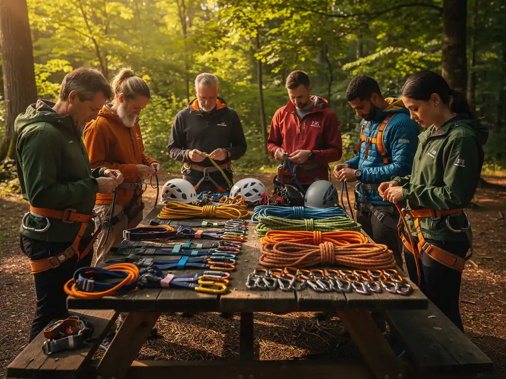 Diverse buitensportinstructeurs sorteren klimbouw en veiligheidsuitrusting op kleur en moeilijkheidsgraad aan houten picknicktafel in bosomgeving