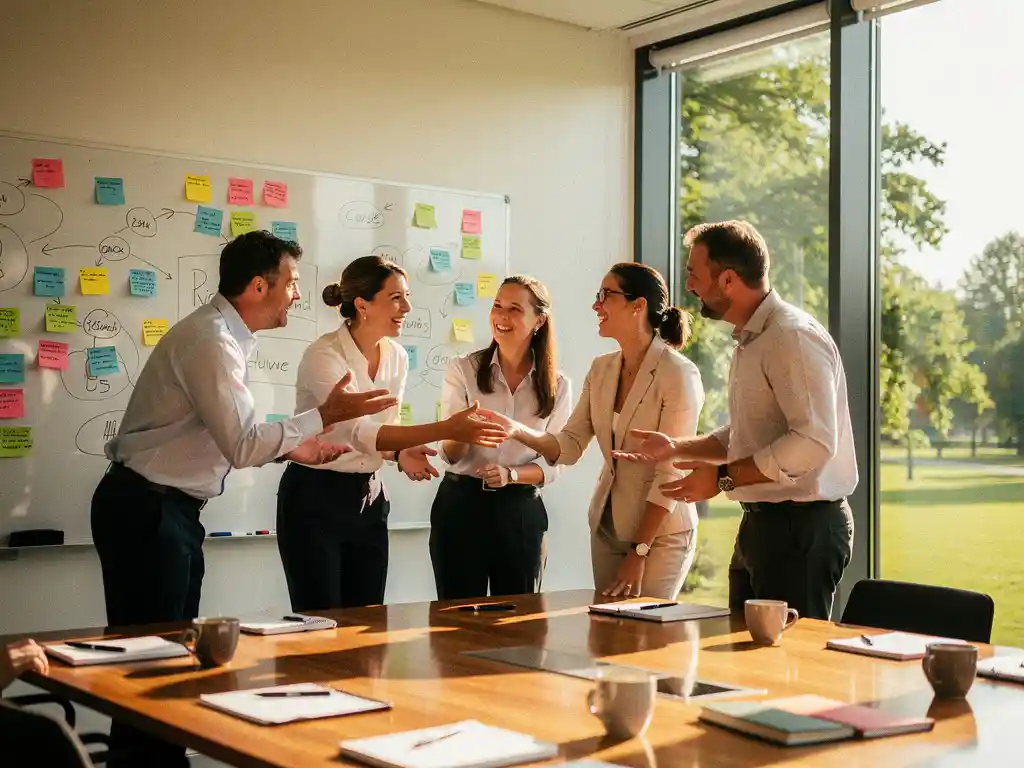Diverse professionals brainstormen rond whiteboard met gekleurde post-its in moderne vergaderruimte met uitzicht op Amstelveen park