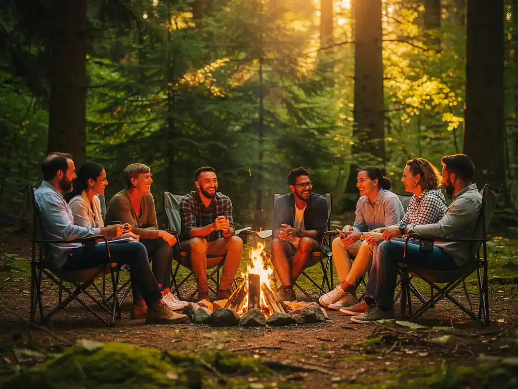 Diverse collega's rond kampvuur in Ardennen bos, lachend en verhalen delend bij warme vlammen tussen dennenbomen