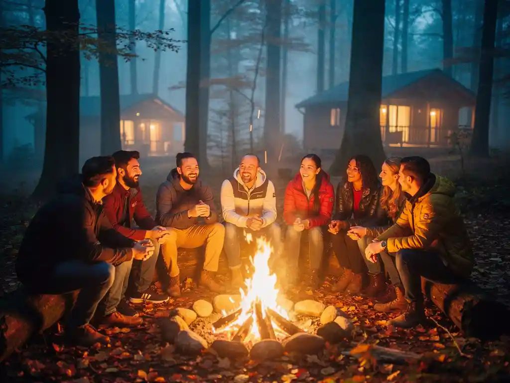 Collega's lachen rond kampvuur in mistige Ardennen met herfstkleuren en houten hutten op achtergrond