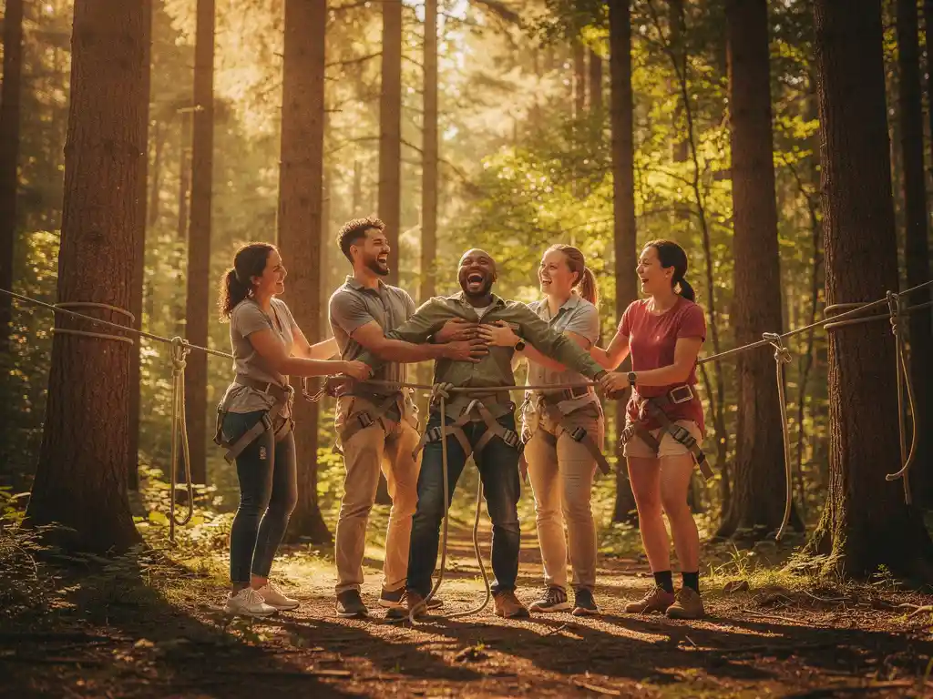 Diverse collega's lachen samen tijdens touwparcours teambuilding activiteit in dennenbos met gefilterd zonlicht