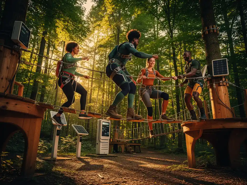 Diverse professionals navigeren futuristisch parcours met houten elementen en touwbruggen in groen bos met zonlicht