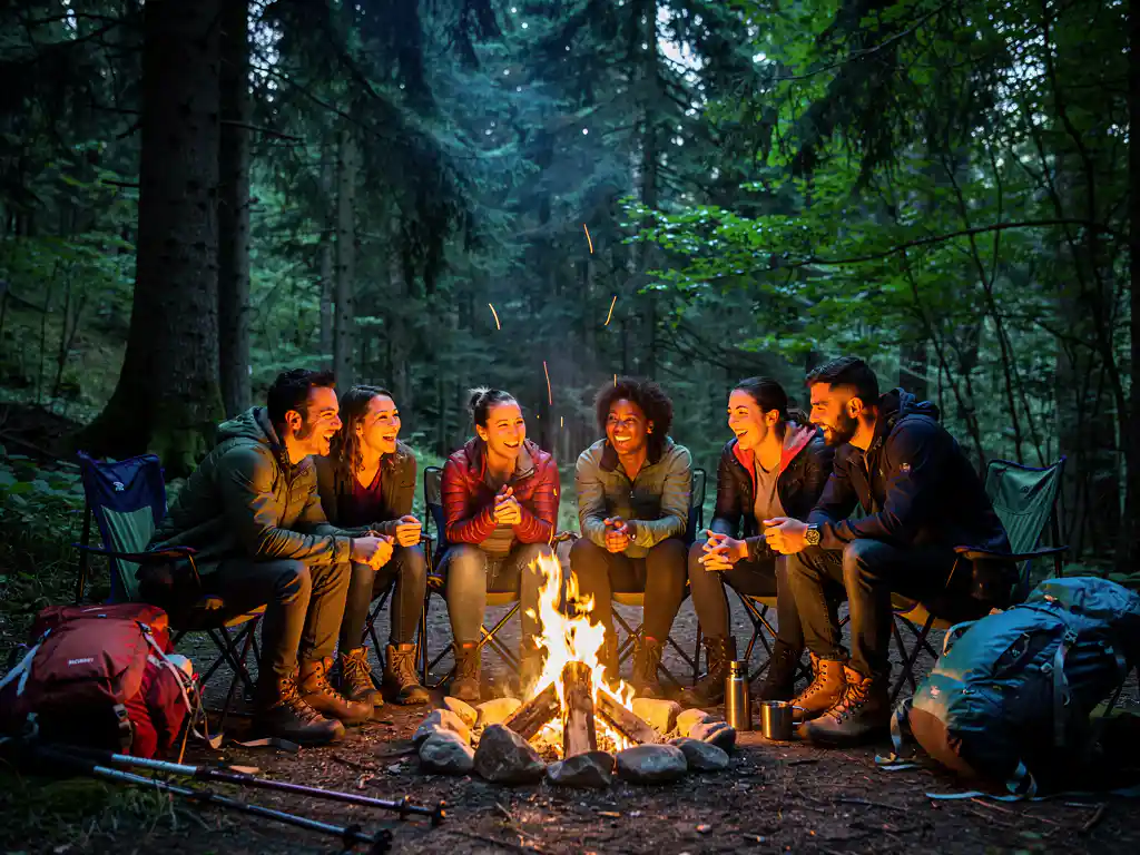 Diverse collega's lachen samen rond kampvuur in groen Ardennen bos, gouden vlammen verlichten gezichten