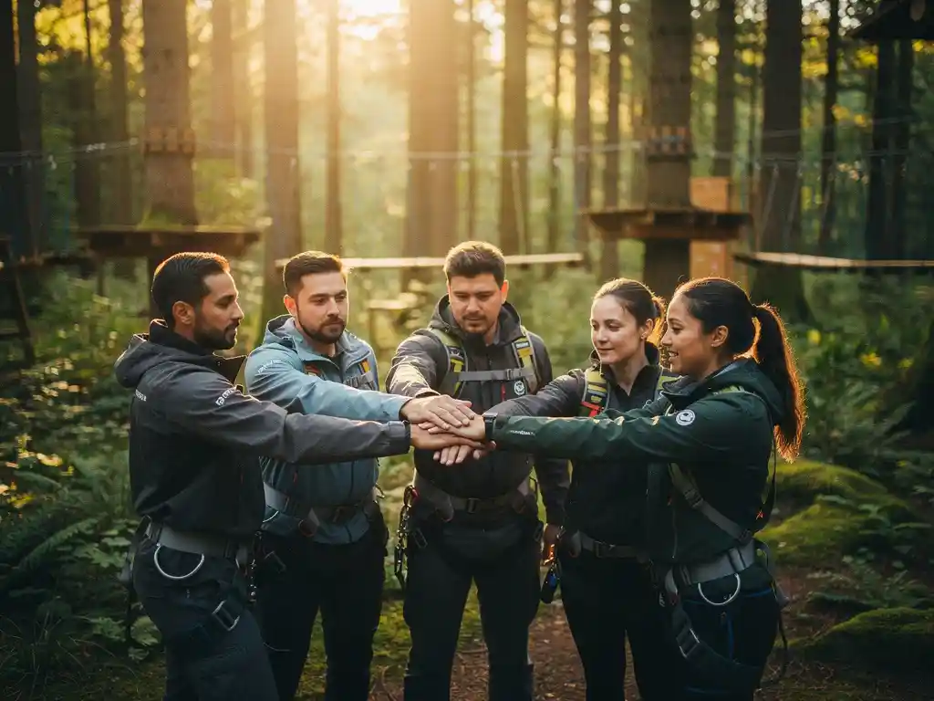 Diverse collega's in buitenkleding stapelen handen samen tijdens teambuilding in groen bos met avontuurlijke obstakels