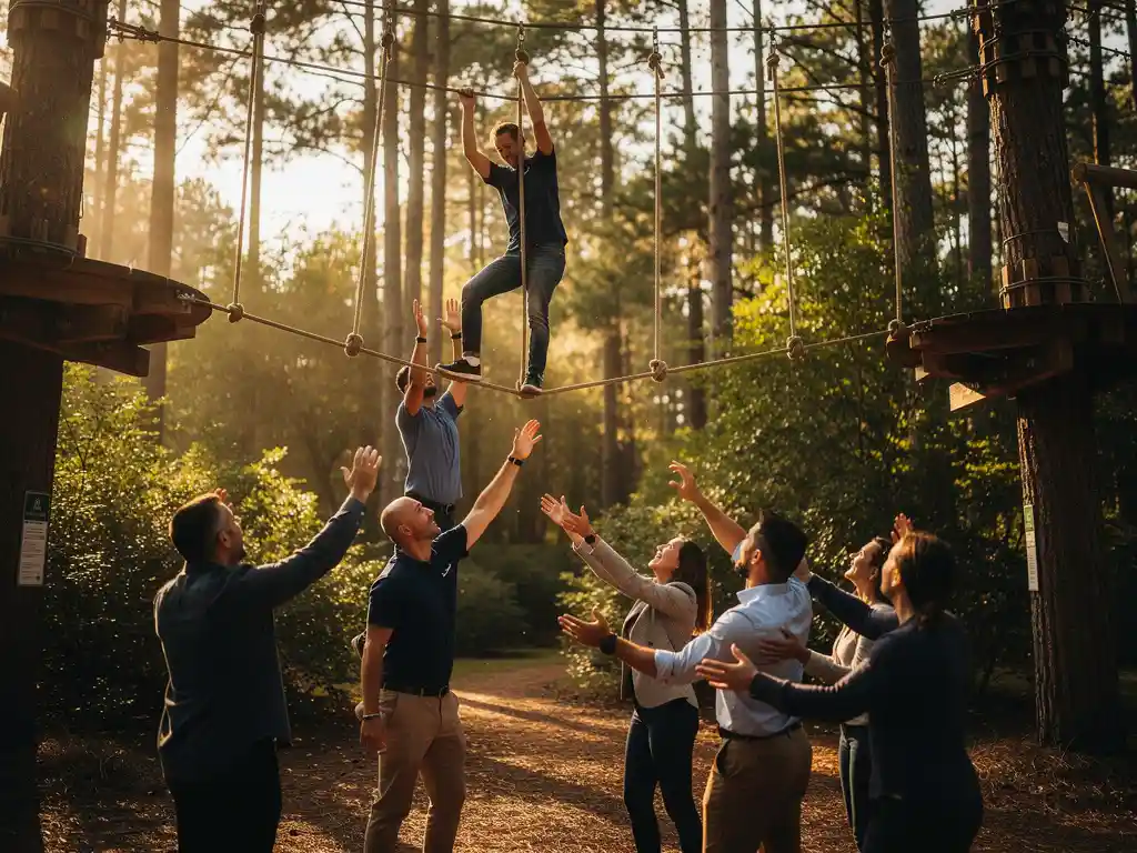 Professionals in zakelijke kleding werken samen aan een touwenparcours in het bos tijdens teambuilding activiteit