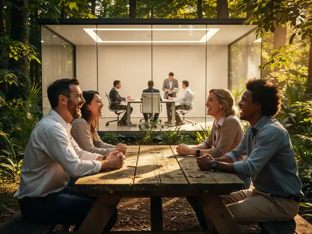 Divers team lacht samen rond houten picknicktafel in bosomgeving, met collega's in moderne vergaderruimte op achtergrond