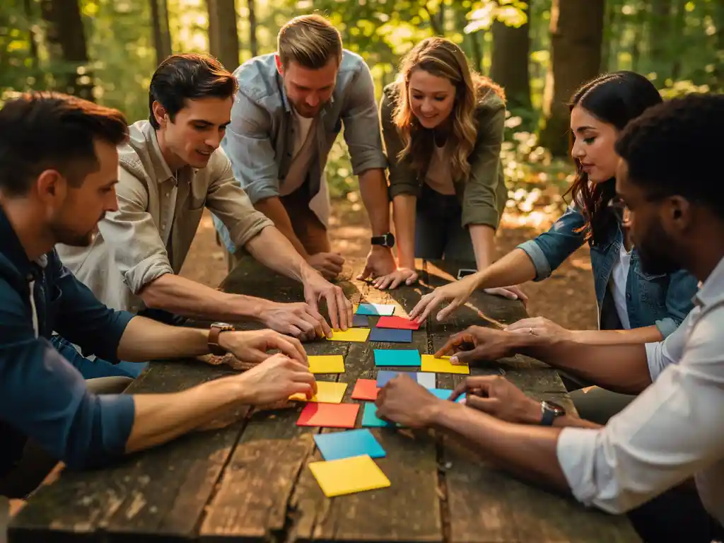 Collega's organiseren kleurrijke kaarten op houten picknicktafel tijdens brainstormsessie in bosrijke omgeving