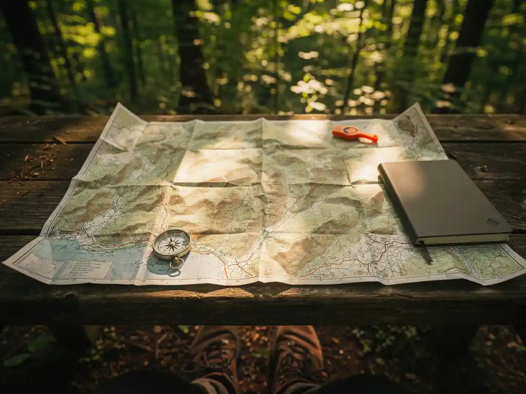 Topografische kaart op houten picknicktafel met kompas, fluitje en waterdicht notitieboek, wandelschoenen zichtbaar