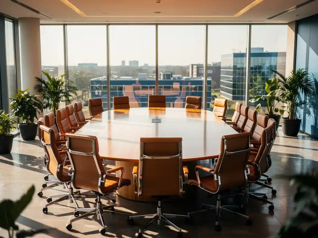 Moderne vergaderzaal met ovale tafel voor dertig personen, panoramaramen met uitzicht op zakenwijk Hoofddorp, natuurlijk daglicht