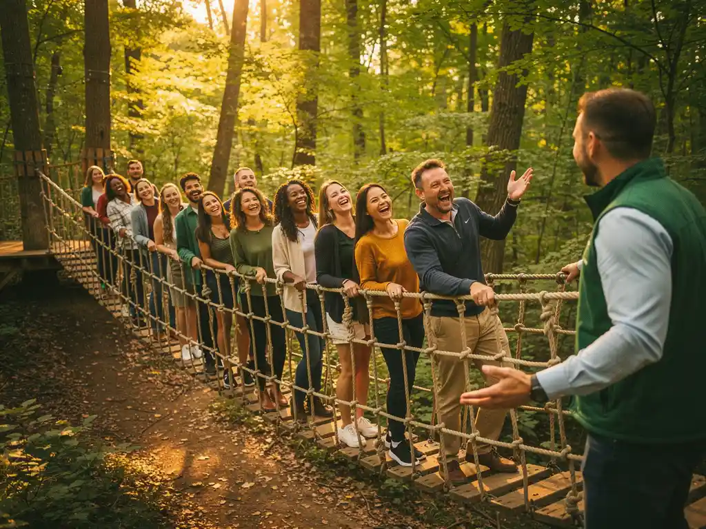 Nieuwe medewerkers lachen tijdens een teambuilding uitdaging op een touwbrug in een zonnig bos, begeleid door een instructeur.
