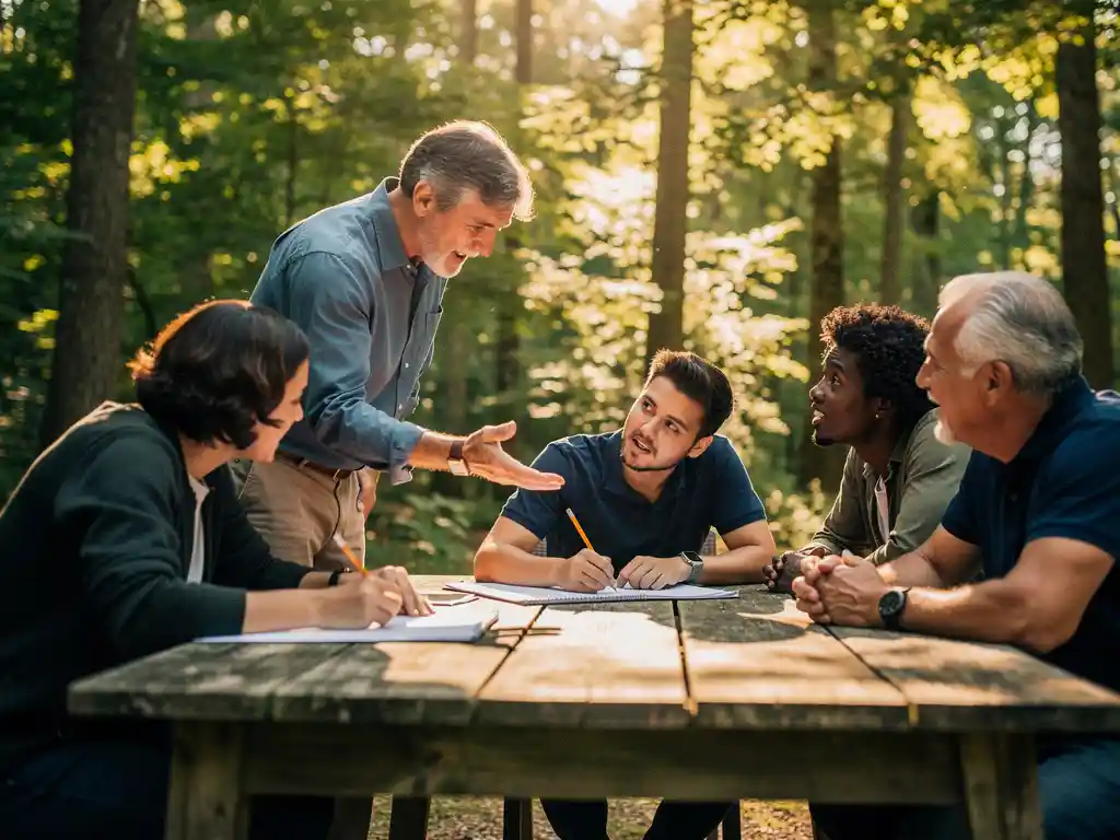 Zes diverse mensen werken samen aan een verouderde houten buitentafel in een weelderig bos, met warm middagzonlicht door het bladerdak.