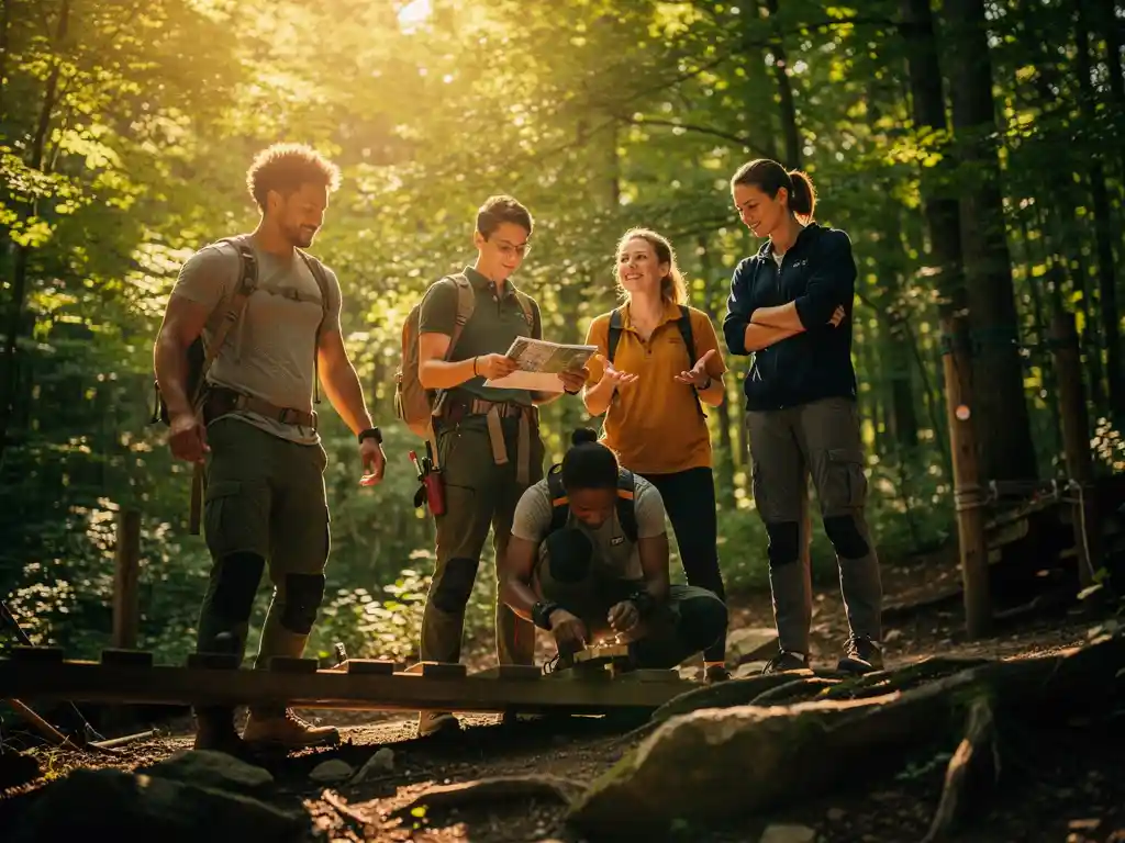 Vijf collega's op een buitenparcours in het Ardense bos, elk in een eigen rol: leidend, plannen, aanmoedigend, probleemoplossend en observerend.